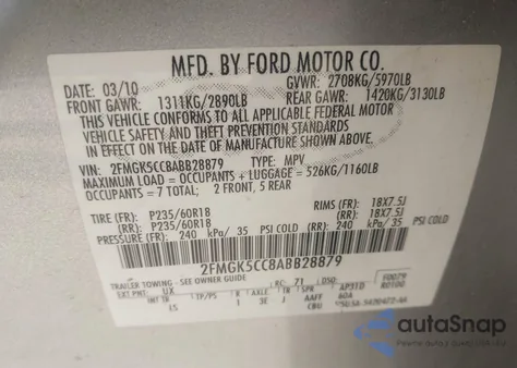 2010 Ford Flex Sel z USA, uszkodzony, nr VIN 2FMGK5CC8ABB28879